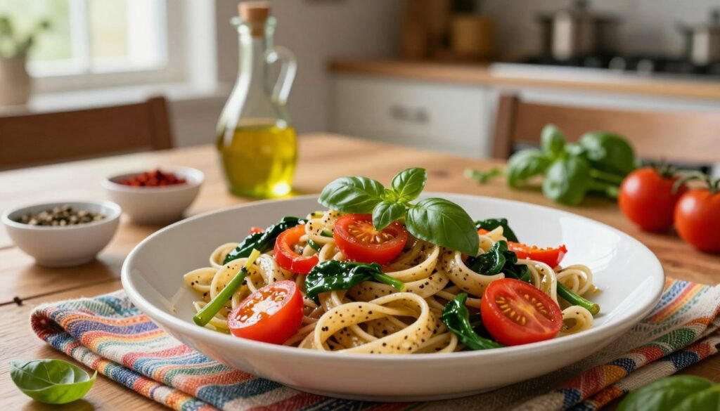 massa integral com vegetais saudáveis para o jantar