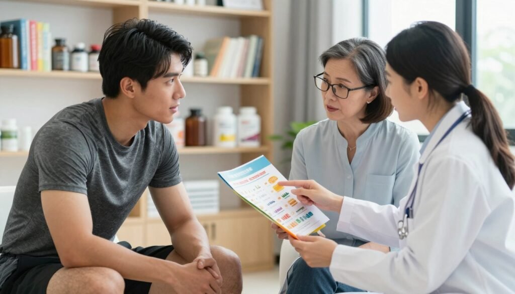 nutricionista orientando atleta sobre suplementos